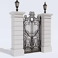 Ornate Wrought Iron Gate Design With White Pillars And Tall Lamp Posts
