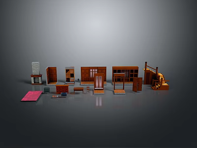 Various Wooden Furniture Models Including Bookshelf Cabinet Table And Chair 3d model