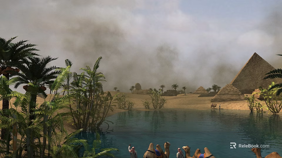 Scenic Desert Landscape With Distant Pyramids Camels Water And Palm Trees 3d model 