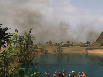 Scenic Desert Landscape With Distant Pyramids Camels Water And Palm Trees 3d model