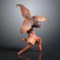 Beautiful Flying Pheasant Spreading Wings Perched on Natural Wooden Root