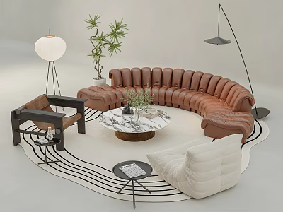 Curved Brown Sofa And Round Marble Coffee Table With Potted Plant Floor Lamp White Armchair And Rug 3d model