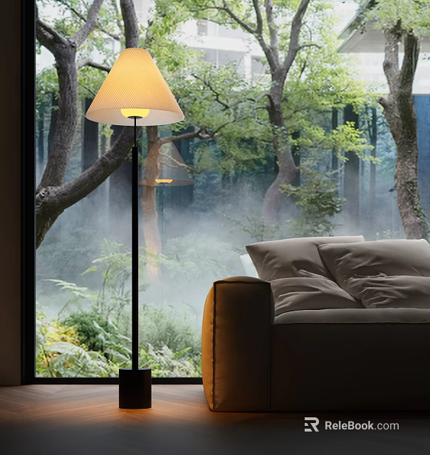 Elegant Floor Lamp By Window With Misty Forest View Cozy Sofa And Soft Pillows 3d model 
