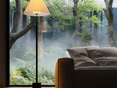 Elegant Floor Lamp By Window With Misty Forest View Cozy Sofa And Soft Pillows 3d model