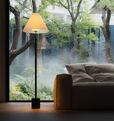 Elegant Floor Lamp By Window With Misty Forest View Cozy Sofa And Soft Pillows 3d model