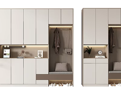 Modern White Shoe Cabinet With Bench Coats Hooks And Decorative Plant Clock 3d model