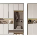 Modern White Shoe Cabinet With Bench Coats Hooks And Decorative Plant Clock