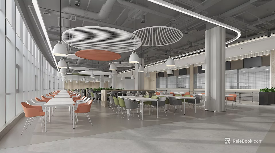 Modern Dining Hall Interior With White Orange Chairs Round Pendant Lights And Large Windows 3d model 
