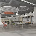 Modern Dining Hall Interior With White Orange Chairs Round Pendant Lights And Large Windows