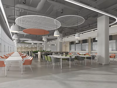 Modern Dining Hall Interior With White Orange Chairs Round Pendant Lights And Large Windows 3d model