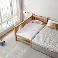 Wooden Toddler Bed With Attached Twin Bed Ladder Pillows And Sunny Window View