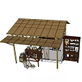 Ancient Architecture Structure With Wooden Roof Ornamental Lanterns And Traditional Shelves Displaying Antique Vases
