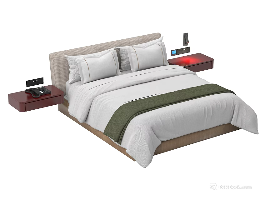 Double Bed With White Sheets Green Bed Runner Beige Headboard Red Nightstands Black Devices 3d model