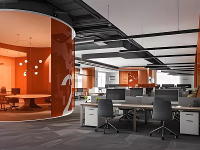 Modern Public Office Space Interior With Curved Glass Partition And Office Desks 3d model