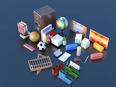 Collection of School Supplies Including Globe Books Sports Balls And Stationery Items 3d model