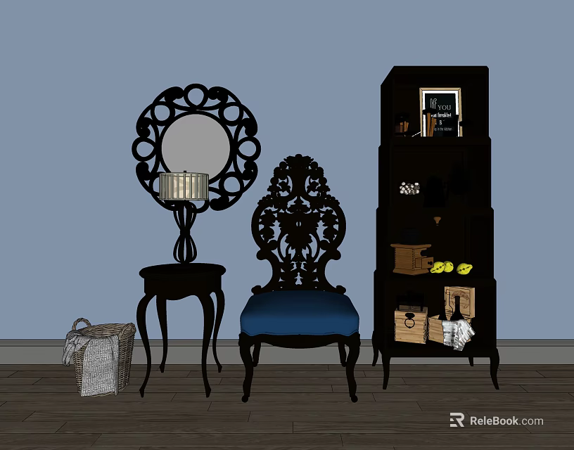 Elegant Black Carved Accent Chair With Blue Cushion Side Table Floor Lamp And Mirror 3d model 