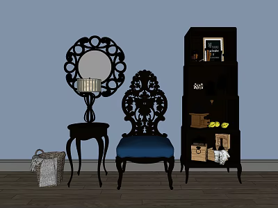 Elegant Black Carved Accent Chair With Blue Cushion Side Table Floor Lamp And Mirror 3d model