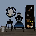 Elegant Black Carved Accent Chair With Blue Cushion Side Table Floor Lamp And Mirror