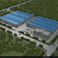 Modern Industrial Factory With Blue Roof Surrounded by Green Trees and Adjacent Roads