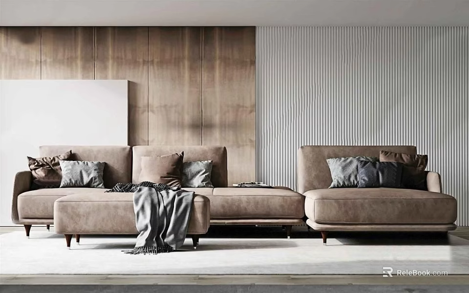 Modern Living Room Interior With Large Sectional Sofa Soft Pillows And Throw Blanket 3d model 