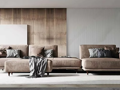 Modern Living Room Interior With Large Sectional Sofa Soft Pillows And Throw Blanket 3d model