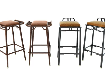 Modern Bar Stools With Brown Upholstered Seats And Dark Wooden Metal Frames 3d model