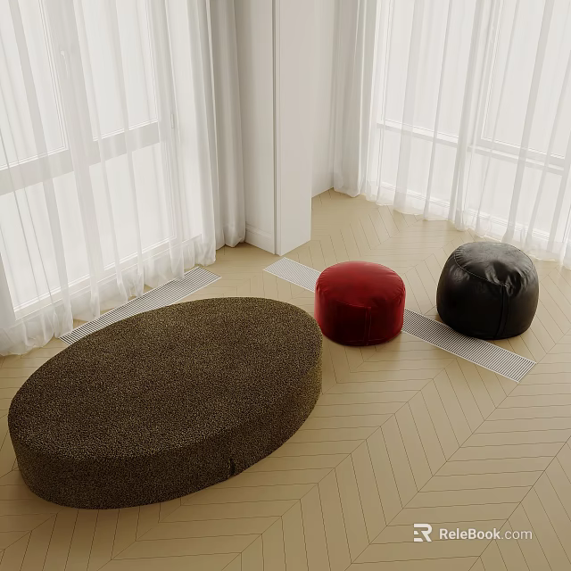 Brown Red Black Round Stools in Bright Room with Light Wood Floor and White Curtains 3d model 