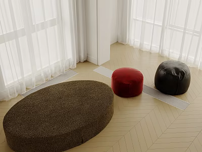 Brown Red Black Round Stools in Bright Room with Light Wood Floor and White Curtains 3d model