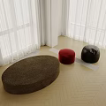 Brown Red Black Round Stools in Bright Room with Light Wood Floor and White Curtains