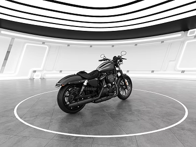 Black Motorcycle in Modern Spacious Interior with Circular White Line and Curved Lighting 3d model