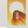 Portrait Painting of Girl With Long Flowing Hair Closed Eyes and Warm Yellow Sun Background