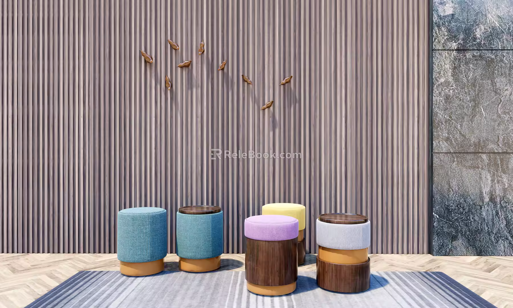 Modern sofa stool solid wood round stool combination 3d model