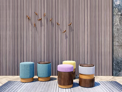Colorful Sofa Stools With Wooden Bases For Modern Living Room Interior Decor 3d model