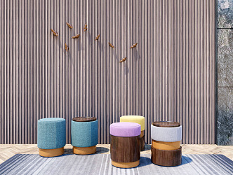 Modern sofa stool solid wood round stool combination 3d model