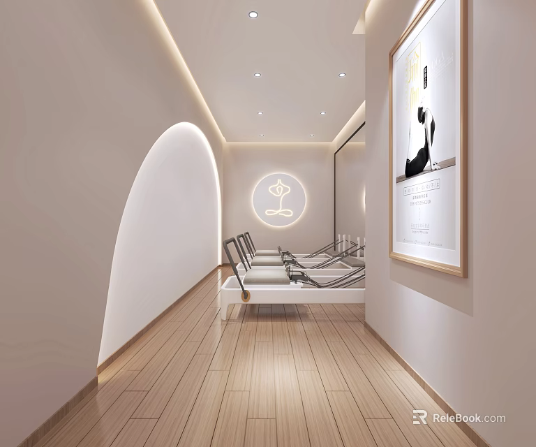 Modern Elevator Hallway With Soft Lighting Wooden Flooring Decorative Art And Rest Benches 3d model 
