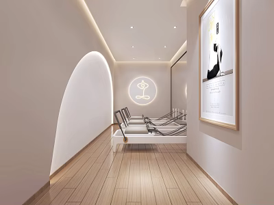 Modern Elevator Hallway With Soft Lighting Wooden Flooring Decorative Art And Rest Benches 3d model