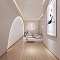 Modern Elevator Hallway With Soft Lighting Wooden Flooring Decorative Art And Rest Benches