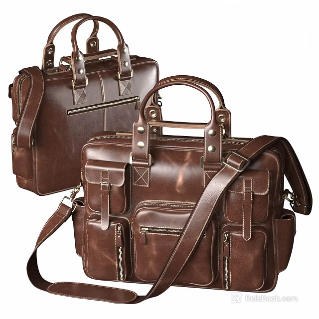 Classic Brown Leather Briefcases With Multiple Pockets And Adjustable Shoulder Straps 3d model 