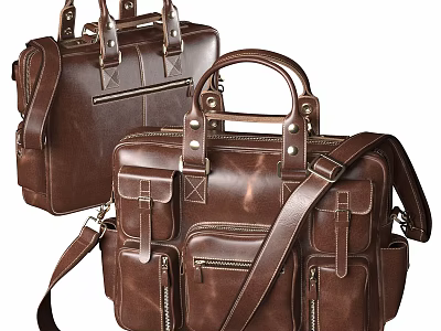 Classic Brown Leather Briefcases With Multiple Pockets And Adjustable Shoulder Straps 3d model