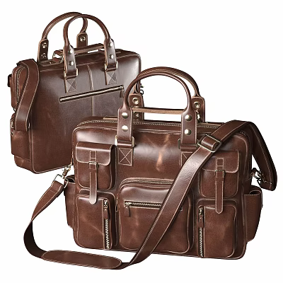 Classic Brown Leather Briefcases With Multiple Pockets And Adjustable Shoulder Straps 3d model