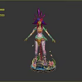 Colorful Animated Game Character With Blue Hair Purple Headdress Orange Outfit And Petal Base