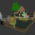 Cartoon Scene Featuring Green House With Red Roof Weeping Willow Small Bridge And Pond