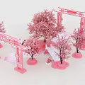 Artistic Pink Floral Installation Featuring Cherry Blossom Trees And Decorative Arch Structures 3d model