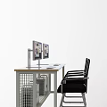 Office Desk With Two Perforated Screens White Frame Wooden Top And Black Chairs