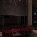 Transparent Acrylic Bathtub With City View Through Window Blinds And Shelves With Bath Products