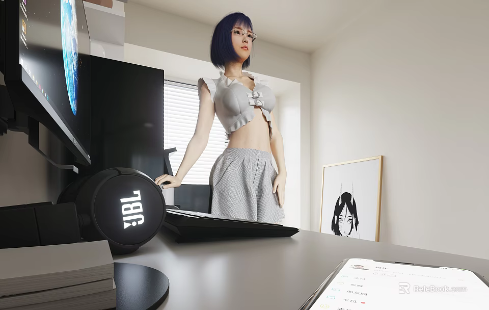 Woman Standing By Desk With Laptop Headphones And Wall Art In Room 3d model 