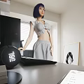 Woman Standing By Desk With Laptop Headphones And Wall Art In Room