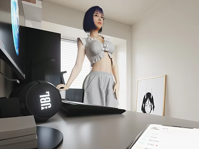 Woman Standing By Desk With Laptop Headphones And Wall Art In Room 3d model
