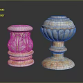 Two Classical Stone Pillars With Carved Leaf Patterns And Textured Bases