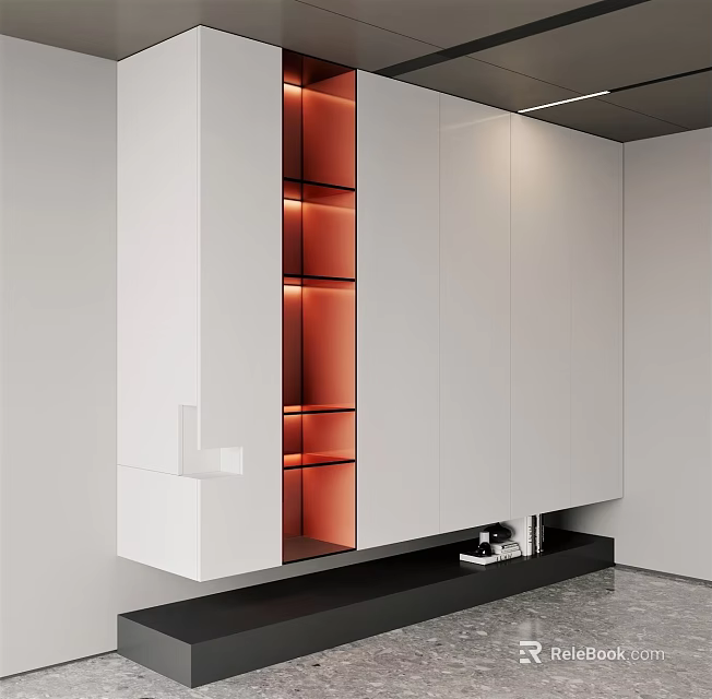 Modern Entryway Cabinet Sideboard With White Frame Orange Glass Shelves And LED Lights 3d model 